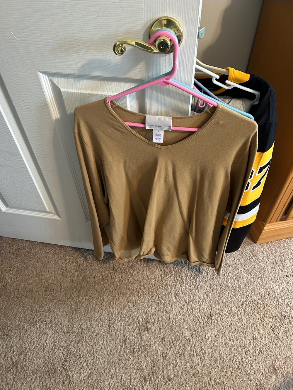 Susan Graver V-Neck Long Sleeve Top in Camel Brown